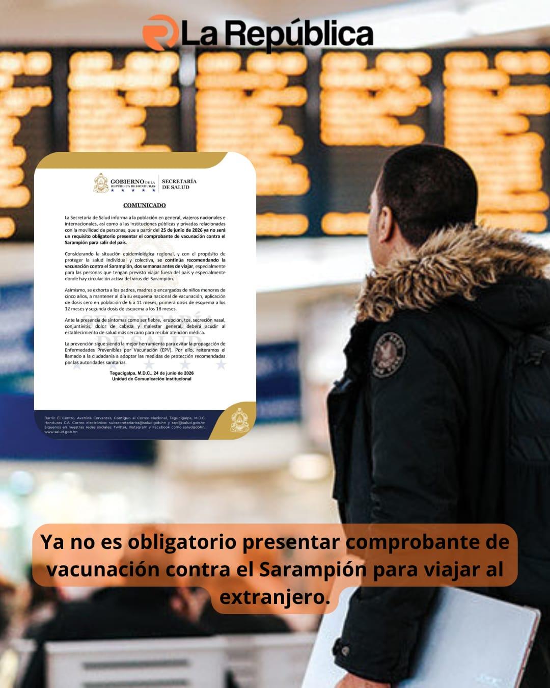 A partir de este día 25 de junio de 2026, ya no es obligatorio presentar carnet de vacunación contra el Sarampión para salir del país, infor - Cover Image